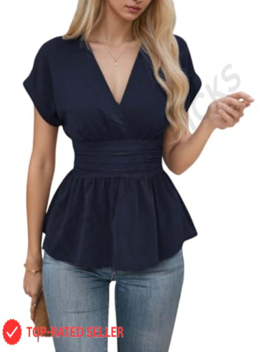 Women's V Neck Peplum Top Ruched Waist Cap Sleeve Dressy Casual Blouse